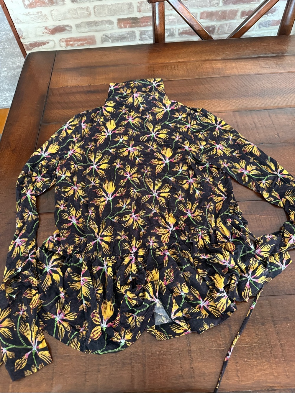 Ulla Johnson Black Floral Ruffle Hem Tunic with Yellow & Pink Blossoms
